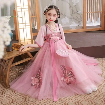 Детское платье Принцессы Хань Фу с вышивкой на День рождения, Танцевальное платье для детей, Традиционное китайское Длинное Свадебное платье с цветочным узором для девочек