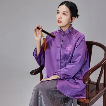 Подлинное Зимнее фиолетовое стеганое пальто с вышивкой в традиционном китайском стиле в стиле ретро, Повседневный Улучшенный Стеганый теплый костюм в стиле Тан, Верхняя рубашка