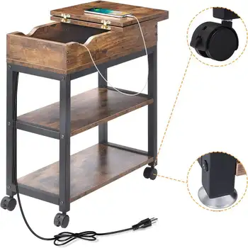 Приставной столик с зарядной станцией, Откидывающийся приставной столик с полкой для хранения и USB-портами и розетками питания для небольших помещений, узких