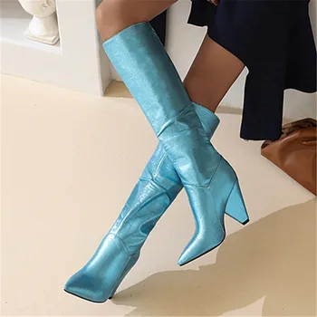 2021 Новые женские ботинки, сапоги на высоком каблуке-шпильке с острым носком, сексуальные сапоги до колена, женские ботинки для ночного клуба, Большой размер 34-45