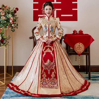 2022 Новый Высококлассный Роскошный Свадебный Костюм XiuHe В Китайском Стиле с Драконом И Фениксом, Банкетное Платье С Винтажной Вышивкой, Платье Cheongsam HanFu