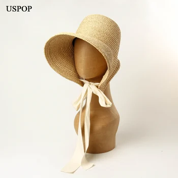 USPOP/ Новые летние солнцезащитные шляпы для женщин, винтажные шляпы ручной работы из рафии с широкими полями, соломенные шляпы на шнуровке, складная пляжная шляпа
