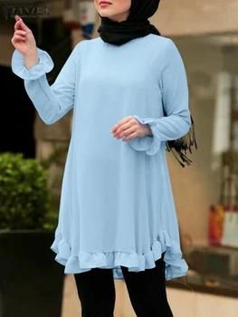 ZANZEA Мусульманский Хиджаб Топы Eid Mubarek Турция Блузка Исламская Одежда Женская Однотонная Рубашка с Длинными рукавами и Оборками Дубай Abaya Blusas