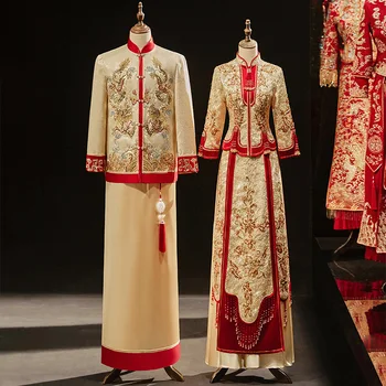 Блестки цвета Шампанского, вышивка бисером, атласное свадебное платье Cheongsam в Традиционном китайском стиле Для Жениха и Невесты Vestito Da Sposa