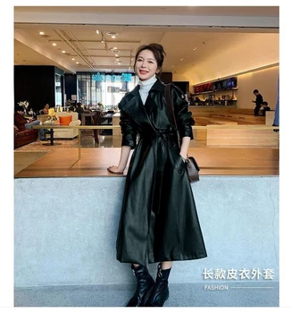 Весенний Черный Длинный Непромокаемый кожаный тренч Оверсайз для женщин 2023 года, Свободная корейская Модная одежда с длинным рукавом