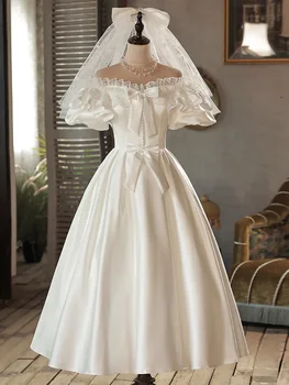 Винтажные свадебные платья трапециевидной формы из белого атласа для невесты с открытыми плечами, вечернее платье Vestido De Novia