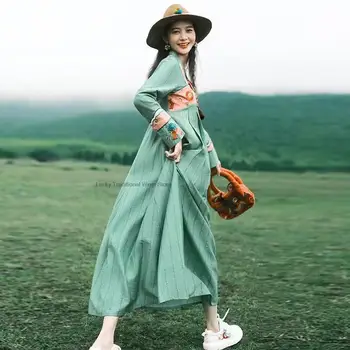 Восточное винтажное платье, Традиционное платье в китайском стиле, Женское платье с национальной цветочной вышивкой Ханфу, платье для восточных народных танцев