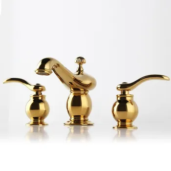 Высококачественный золотой смеситель для раковины в ванной комнате с тремя отверстиями и двумя ручками, смеситель для раковины с золотой холодной и горячей водой, западный стиль