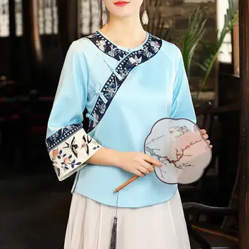 Вышитые рубашки, китайские блузки для женщин, традиционная одежда, льняная одежда для женщин, костюм эпохи Тан, Чонсамы, винтажный топ Hanfu