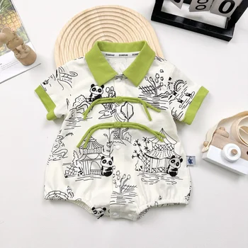 Детский комбинезон с короткими рукавами и принтом Панды в стиле Каваи, Китайская одежда для мальчиков и девочек, летний легкий и дышащий комбинезон