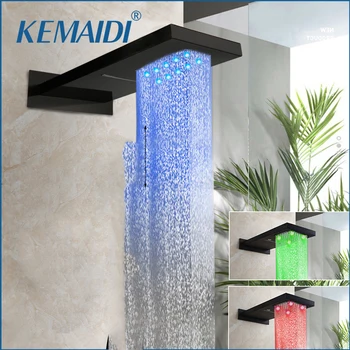 Душевая головка KEMAIDI С большим дождевым водопадом, светодиодная насадка для душа, Черный светодиодный смеситель для ванны, ванная комната с квадратным верхом над распылителем