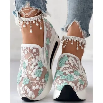 Женские кроссовки с цветочной вышивкой, сетчатые кроссовки для женщин, Повседневная удобная женская обувь на каблуке без застежки