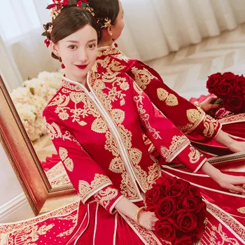 Женское Классическое свадебное платье Ципао со стразами, красное, расшитое бисером, китайская одежда Ципао костюм для восточных