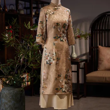 Женское платье Чонсам с Цветочным принтом, Винтажное платье В китайском стиле, Улучшенный воротник-стойка Qipao