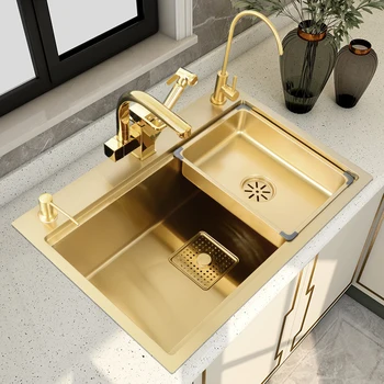 Золотая нано 304 кухонная раковина из нержавеющей стали, большая одиночная раковина, умывальник, бытовая раковина ручной работы под столешницей