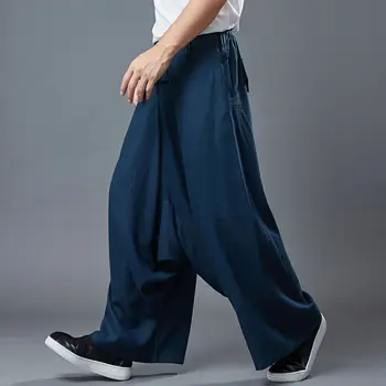 Китайские Традиционные Брюки Hanfu, Мужские Хлопчатобумажные льняные широкие брюки, Древние японские Шаровары Harajuku, Большие размеры XL, свободные брюки