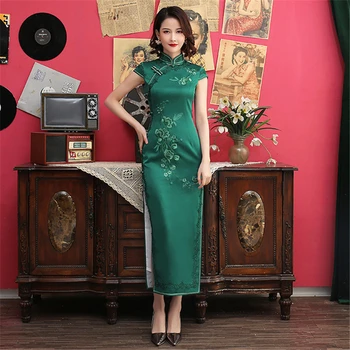 Китайское нижнее белье 2020 года с воротником-стойкой Темно-зеленого цвета С высоким разрезом Qipao Vestido Восточное Длинное облегающее платье Cheongsam