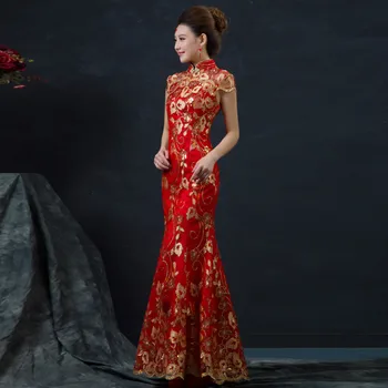 Красное Китайское свадебное платье Женское Длинное с коротким рукавом Cheongsam Золотое Тонкое китайское традиционное платье Женское Ципао для свадебной вечеринки