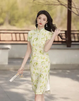 Летнее элегантное китайское платье Ципао длиной до колен с короткими рукавами для банкета и вечеринки Чонсам