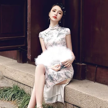 Летнее Элегантное Шелковое Платье 2023 с Короткими рукавами средней длины, Сексуальное Чонсам в Китайском Стиле, Вечернее Платье Ципао для Женской Вечеринки