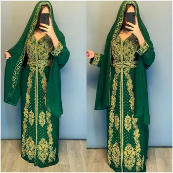 Марокканская Зеленая Длинная рубашка Abaya Farasha Дубайский халат Длинное платье со свободным шарфом Модные тенденции
