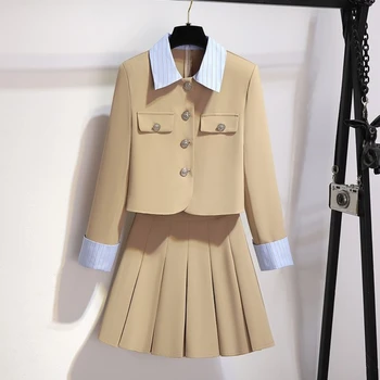 Модный весенний офисный женский комплект из 2 предметов, Однобортный блейзер с карманами и отложным воротником, Плиссированная мини-юбка в корейском стиле