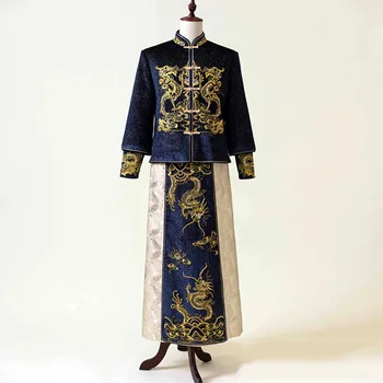 Мужская одежда, Китайское Свадебное платье с вышивкой синего Дракона, костюм Жениха Тан, Старинное Платье для Тостов, Халат