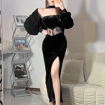 Новое Модное женское платье в готическом Стиле, Однотонный Кружевной Лоскутный Тонкий Пуловер в готическом стиле, Сексуальное женское платье на весну 2023