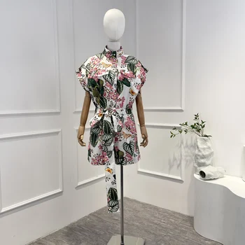 Новое поступление, натуральный хлопок 2023, высококачественный женский винтажный комбинезон с цветочным принтом, весна-лето, тканевый пояс для женщин