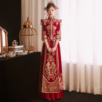 Одежда невесты Винтажное красное велюровое Ципао С изысканной вышивкой блестками, свадебное платье в китайском стиле Чонсам, свадебный костюм