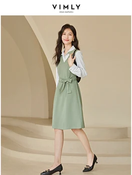 Очень Элегантное Полосатое платье-рубашка из двух предметов для женщин, Осенняя мода, Новый пояс с галстуком, Зеленые платья Трапециевидной формы, женская одежда