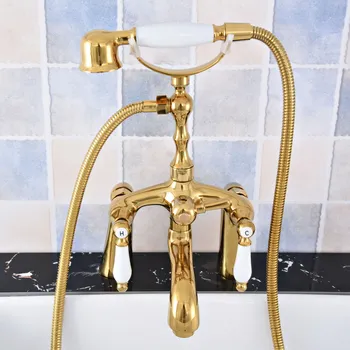 Роскошный Латунный кран для ванной комнаты Золотого цвета, установленный на бортике, Двойные ручки, Ручной душ в стиле телефона, Наполнитель для ванны на ножках atf792