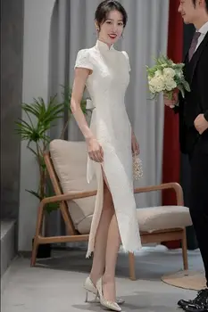 Свадебное Женское Белое Летнее кружевное китайское платье Ципао New Bride Chipao